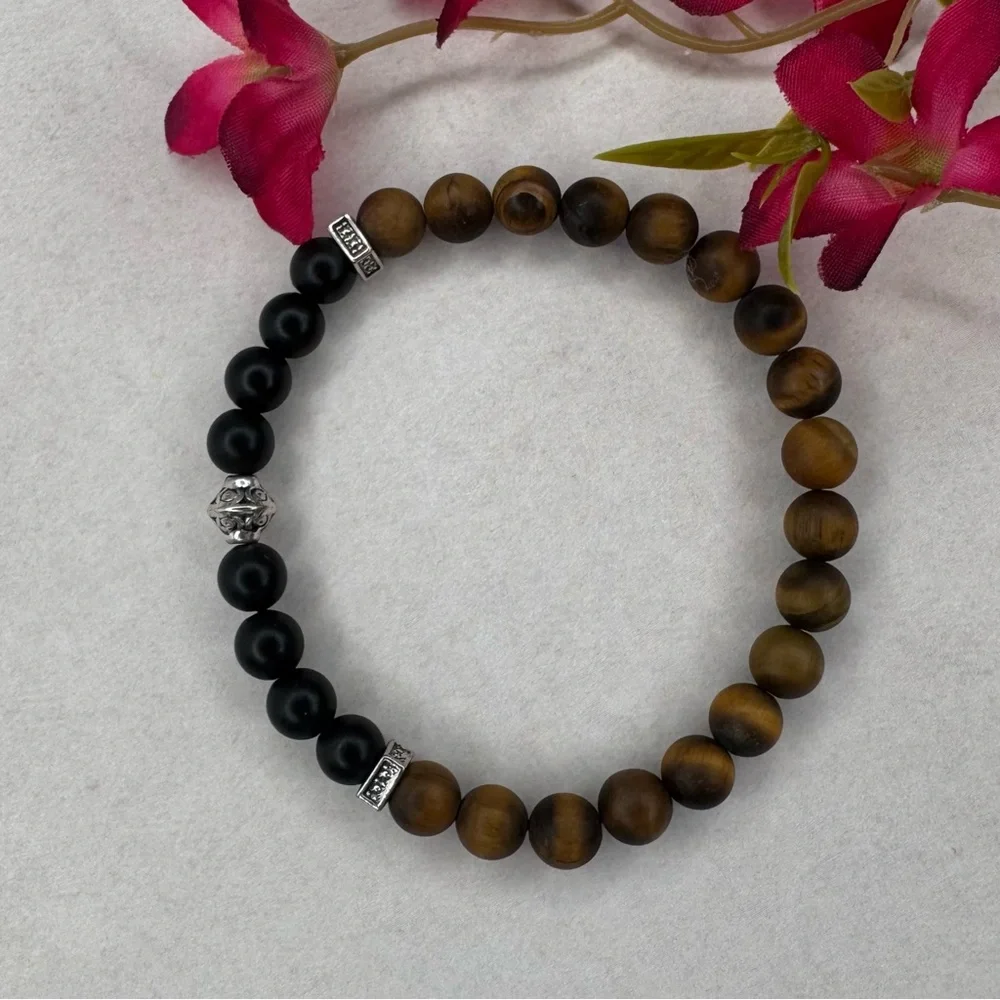 HAND CRAFTED Matte Onyx & Tiger Eye Beaded Stretch Bracelet 6.0” Circumference